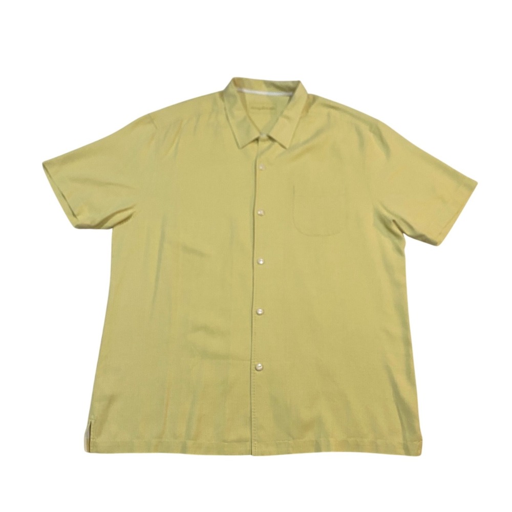Tommy Bahama Mens XL Yellow 100% Silk Short Sleeve Button Up Camp Shirt Pocket